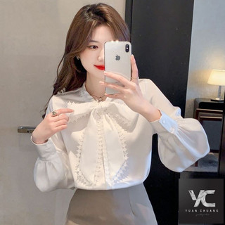  Xuân Thu Phong Cách Mới Áo Sơ Mi Voan Nơ Thu Đông Nữ Mặc Thời Trang Dài Tay Ren Đáy Áo Sơ Mi Top