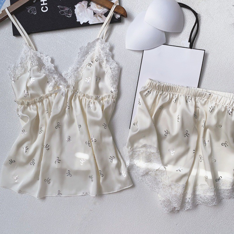 Mùa Hè 2025 Phong Cách Pháp Đồ Ngủ Có Miếng Lót Ngực Nữ Dây Đeo Quần Short Ice Silk Bộ Đồ Ngủ Sang Trọng | BigBuy360 - bigbuy360.vn