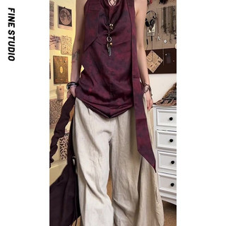 Pháp Lãng Mạn Dây Gợi Cảm Ren Dây Áo Vest Burgundy Sling Hot Girl Top Quần Ống Rộng Trou