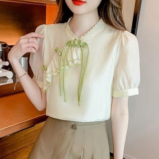  Mùa hè Phong cách mới Phong cách Trung Quốc Nút Top Pháp Nhẹ nhàng Ôm hơn Nhìn tay phồng Áo sơ mi nhỏ Quần áo nữ