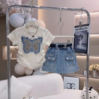 Bé Gái Mùa Hè Phù Hợp Với Trẻ Em Thời Trang Áo Thun Tay Ngắn Người Ảnh Hưởng Thường Ngày Váy Denim Bộ Đồ Hai Mảnh 10-48kg