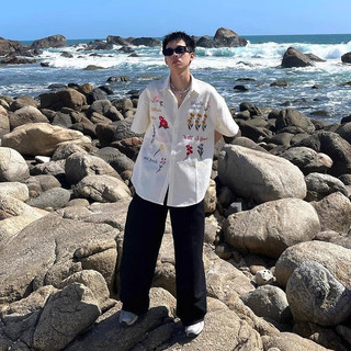 Mùa Hè Phong Cách Kỳ Nghỉ Vách Ngăn Thêu Hoa Áo Sơ Mi Tay Ngắn Nam Cao Cấp Cảm Giác cleanfit Áo Sơ Mi Nửa Tay Thường Ngày