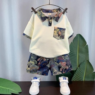 Quần áo mùa hè bé trai 2024 Phong cách mới Thời trang Influencer Fried Street Bộ đồ hai mảnh