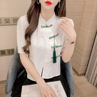  Mùa hè Phong cách mới Áo sơ mi Trung Quốc mới dành cho nữ Thiết kế ngắn tay Niche Puff Tay áo có nút không đều