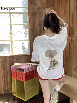 Mỏng Nhìn Xuyên Qua In Hình Rời Tay Ngắn Nữ Mùa Hè Trắng Lười Thường Ngày Top
