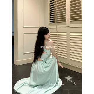 Đi Biển Kỳ Nghỉ Dây Đầm Nữ Xuân Hè Bãi Biển Bạc Hà Mambo Xanh Pháp Sling Đầm