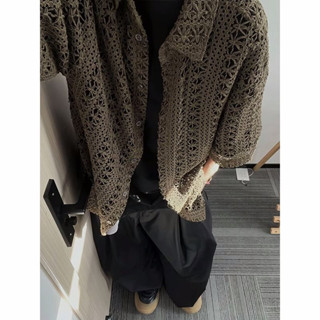Mỹ Retro Rỗng Dệt Kim Nam Tay Ngắn Mùa Hè Lưới Mỏng Nửa Tay Áo Sơ Mi Phong Cách Nhật Bản Vintage Áo Khoác Ngoài