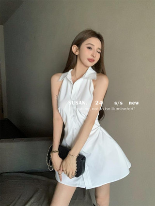 Gợi Cảm Cô Gái Nóng Trắng Áo Sơ Mi Không Tay Đầm Nữ Mùa Hè Phong Cách Mới Tính Khí Ve Áo Eo Nẹp Slim-fit
