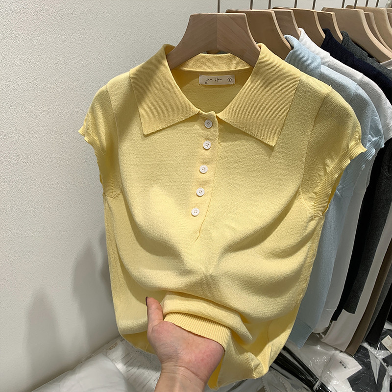 86266 Vải Lyocell Mềm Ve Áo Len Ngắn Tay Nữ