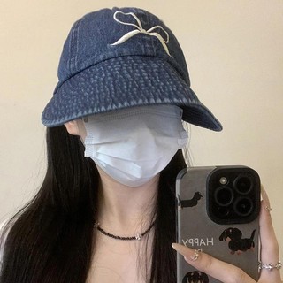 Retro Denim Rộng Vành Mũ Chống Nắng Cho Nữ Cô Gái Hàn Quốc Nơ Thêu Nón Du Lịch Ngoài Trời Có Thể Điều Chỉnh Tấm Che Nắng Người Cá Mũ