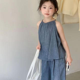  Quần áo trẻ em bé gái Mùa hè Bộ đồ phong cách mới Phong cách mùa hè cho bé Phiên bản Hàn Quốc Quần ống rộng màu xanh Bộ đồ hai mảnh