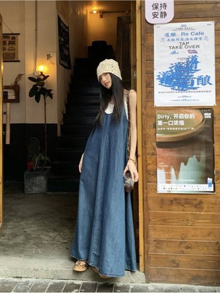Whbyzwhcb Phong Cách Pháp Denim Sling Đầm Nữ Mùa Hè Ánh Sáng Xanh Không Tay Váy Kỳ Nghỉ Phong Cách Rời Thường Ngày Váy Dài