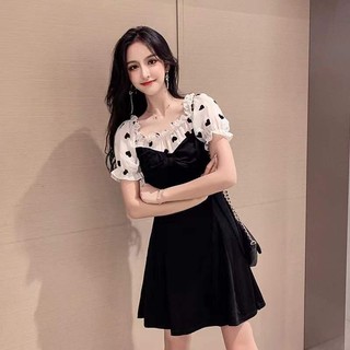 Váy Nữ Mùa Hè Mới Phong Cách Hàn Quốc Voan Giả Hai Mảnh Vai Cổ Bong Bóng Tay Áo Midi Đen