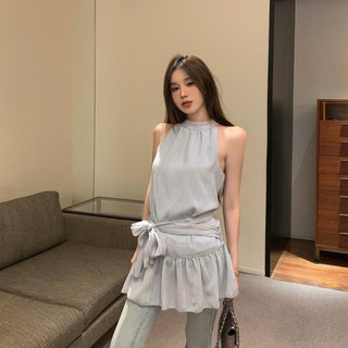 Whbyzwhcb Váy voan dây buộc màu xanh lam dành cho nữ mùa hè sang trọng nhiều lớp mỏng hơn Váy ngắn không tay hẹp @ -
