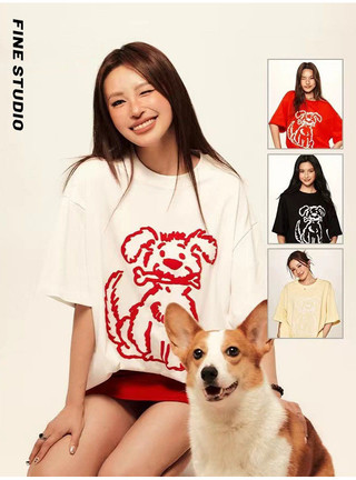 Retro Mỹ Dễ Thương Con Chó Con In Rời Ôm Hơn Nhìn Phù Hợp Với Áo Thun Ngắn Tay Top Nữ Cotton Nguyên Chất Cổ Tròn ins Co