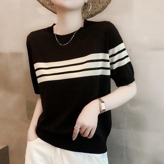 Áo Thun Nữ Mùa Hè Mới Giải Trí Tay Ngắn Cổ Tròn Phong Cách Hàn Quốc Giảm Béo Sọc Dệt Kim Top