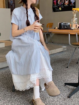 Váy ngắn tay sọc xanh sọc đơn dài váy ren rộng 75600