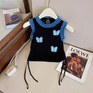 [Khuyến Mãi] Bé Gái Giữa Lớn Trẻ Em Sling Bướm Denim Miếng Dán Dây Rút Dây Đeo Không Tay Sling Áo Vest Ngắn Mùa Hè