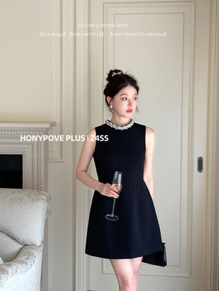 Honypove Váy đen phong cách ngọc trai Pháp Hepburn dành cho nữ Váy không tay hẹp
