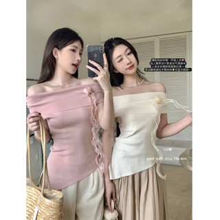 Áo thun dệt kim xẻ vai đơn giản mùa hè cao cấp phiên bản Hàn Quốc