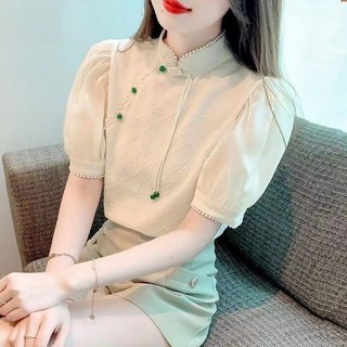  Mùa hè Phong cách mới Trung Quốc cổ đứng cổ đứng phong cách Trung Quốc Nút đĩa ngắn tay Áo sơ mi voan nhỏ