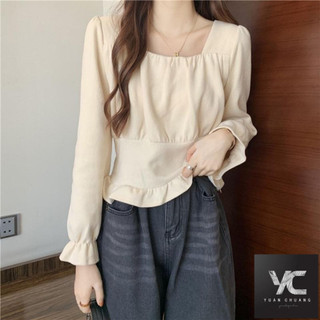  Mùa Thu Phong Cách Mới Thời Trang Áo Sơ Mi Dài Tay Nữ Thiết Kế Cảm Giác Tính Khí Xương Đòn Pháp Cổ Vuông Áo Ngắn