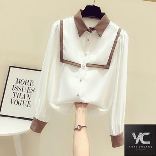  Áo sơ mi dài tay phong cách mới mùa thu dành cho nữ cổ áo polo màu tương phản thời trang sang trọng Thiết kế thời trang hàng đầu