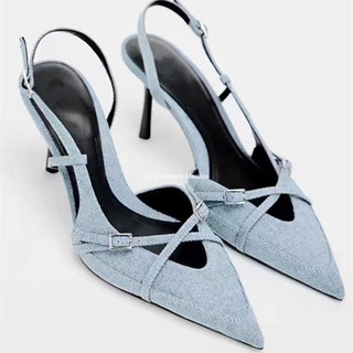 2024 giày nữ mules dài xanh denim cao gót sandal nữ pháp stiletto gót mũi nhọn giày