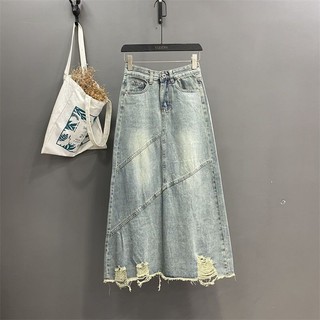 Bất Đối Xứng Cao Cấp Khâu Không Đàn Hồi Rửa Rách Váy Dài Mùa Hè Mới Retro Váy Denim