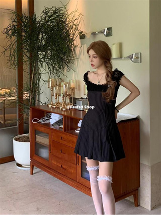 Sọc Ren Khâu Váy Ngắn Cổ Vuông Xếp Ly Thiết Kế Lười Thoải Mái Tay Ngắn Tất Cả @