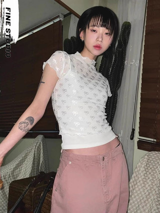 Niche Sweet Cay Nơ In Nửa Cổ Cao Nhìn Xuyên Mặt Số Phong Cách Ôm-Fit Ngắn @ -