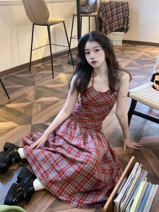 Retro Màu Sắc Tương Phản Kiểm Tra Dây Đầm Nữ Mùa Hè Hot Girl Rend-Up Dây Váy Chữ A Váy Xếp Ly