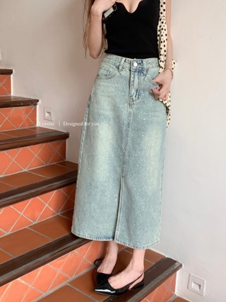 71807 Váy Denim xẻ dáng rộng cổ điển