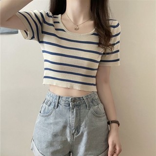 Áo thun sọc nữ áo thun nữ tay ngắn nữ áo thun hot girl rốn ngắn sọc dệt kim áo thun nữ mùa hè phong cách mới cao cấp
