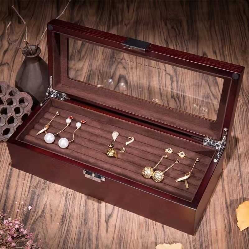 Hộp nhẫn cao cấp Trang sức Earring Earring Stud Collection Box Trang chủ Gỗ công suất lớn Cổ điển Di