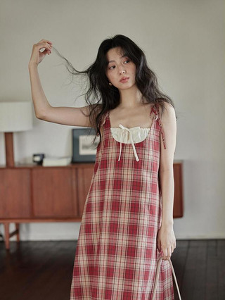 Whbyzwhcb Nữ Tính Retro Ren Khâu Kẻ Sọc Đỏ In Nơ Thiết Kế Thắt Lưng Không Tay Sling Váy Dài