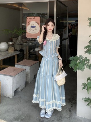 Niche Thời Trang Phù Hợp Với Nữ Sọc Ren Khâu Áo Sơ Mi Mùa Hè Phong Cách Mới Cao Cấp Chữ A Váy Nửa Chiều Dài Hai @