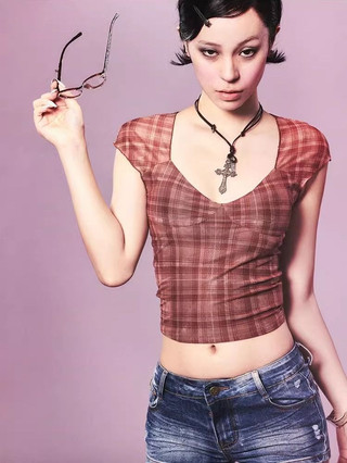 Jamaisvu American Hot Girl Gạc Tay Ngắn Kiểm Tra Áo Thun Nữ Mùa Hè 2024 Thiết Kế Niche Dây Hàng Đầu