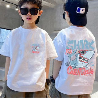 Quần áo trẻ em Quần áo trẻ em Phong cách mới In chữ Shark Cartoon Áo thun ngắn tay nam