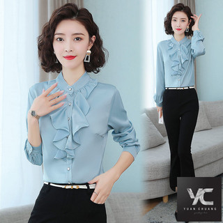  Mùa xuân thu Áo sơ mi voan phong cách mới dành cho nữ Cổ đứng dài tay Áo sơ mi chuyên nghiệp phong cách phương Tây Xù đáy hàng đầu
