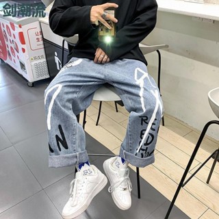 Hàng sẵn có ~ [Khuyến mãi] Quần jean in họa tiết Graffiti cho bé trai cỡ lớn Quần thẳng dài đến mắt cá chân thông thường (30 @