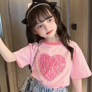  Bé gái Phong cách mới mùa hè tay ngắn bé gái tình yêu sequin phong cách phương Tây Phong cách công chúa cho bé gái
