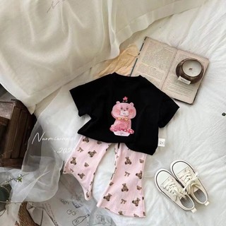  Bộ đồ mùa hè cho bé gái Phong cách mới cho trẻ em In hình hoạt hình cổ tròn Quần ngắn tay phù hợp Bộ đồ hai mảnh thông thường