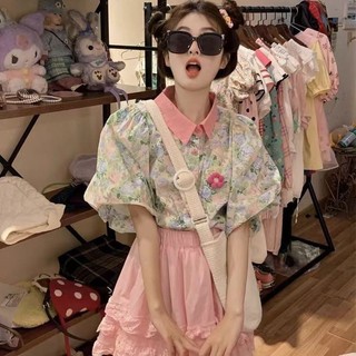 Màu sắc tương phản Cổ áo polo ba chiều Bong bóng hoa nhỏ tay ngắn hoa dáng rộng