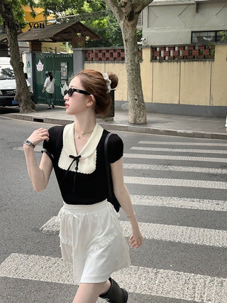 Cổ búp bê cao cấp Đồ dệt kim ngắn tay nữ mùa hè 2024 Phong cách mới Slim-fit Slimmer Nhìn sang trọng Đáy ngắn