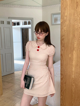 Shanmieleng Màu sắc tương phản tươi sáng Phân tử trí tuệ Phong cách Preppy Slimer Look A-Line Đầm sơ mi eo hẹp
