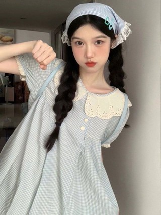 Váy Baby Doll Caro Xanh Ngọt Ngào, Đáng Yêu, Dáng Ngắn, Phong Cách Phương Tây.