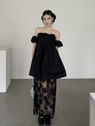 Shanmieleng Đen Cao Cấp Phong Cách Pháp Thiết Kế Cẩn Thận Giữa Chiều Dài Gạc Hoa Khâu Ống Top Dress