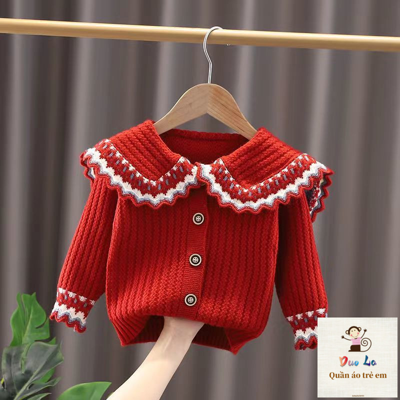 [Sản phẩm mới] Mùa thu đông Phong cách mới cho bé gái 1-10 tuổi Áo len dệt kim có ve áo lớn 9-34kg Q