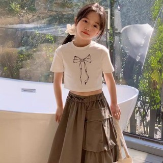 [Cikibaby] Phong Cách Mới Phiên Bản Hàn Quốc Vừa Lớn Bé Gái In Nơ Áo Thun Ngắn Tay Ngắn In Hình Cô Gái Ngọt Ngào Top Hợp Thời Trang